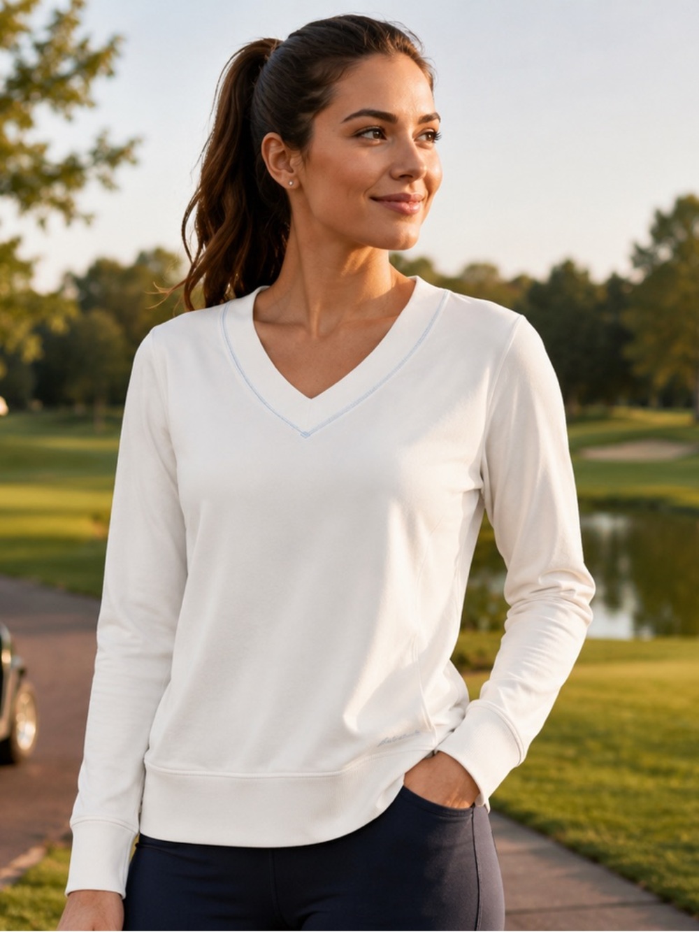 Vintage Eddie Bauer women's V-neck pullover sweatshirt Ivory Med